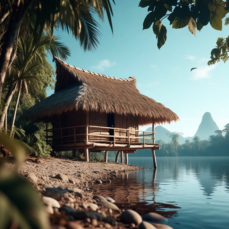 Traditional Bamboo Hut on Lakeside Beach Traditional Bamboo Hut on Lakeside Beach