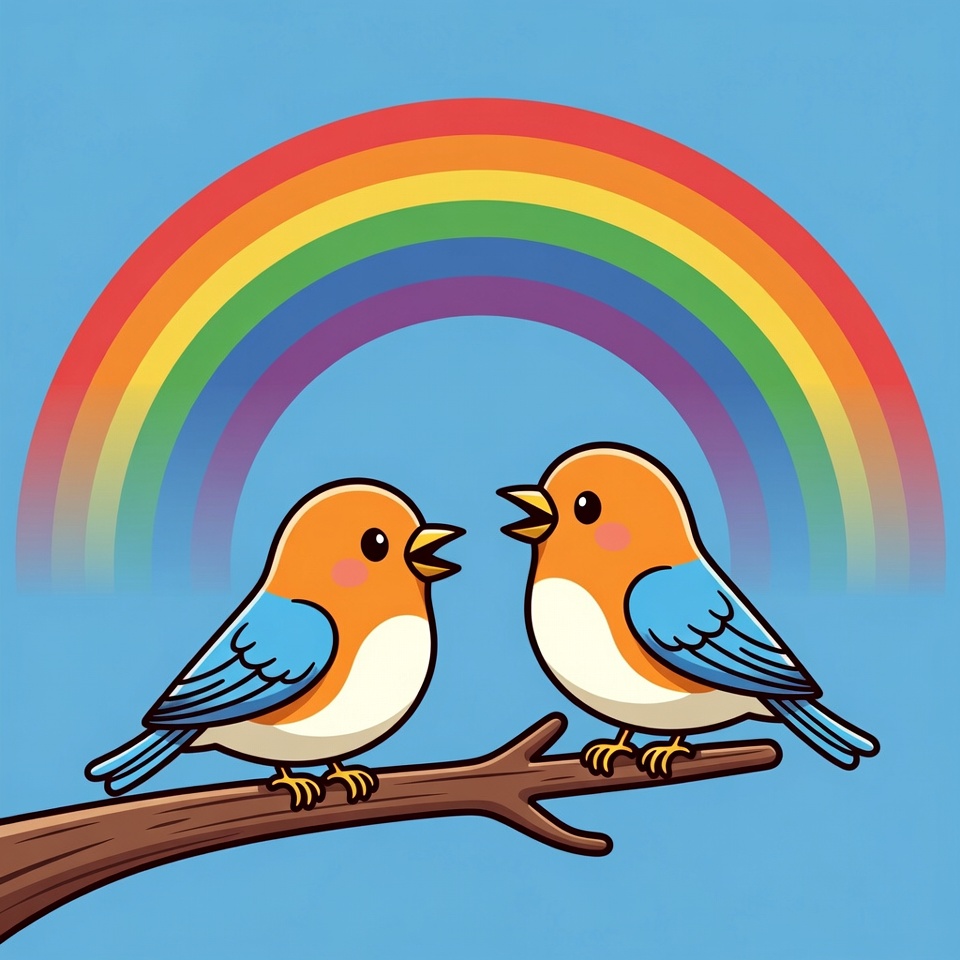 Two Cartoon Robins Under Rainbow Two Cartoon Robins Under Rainbow