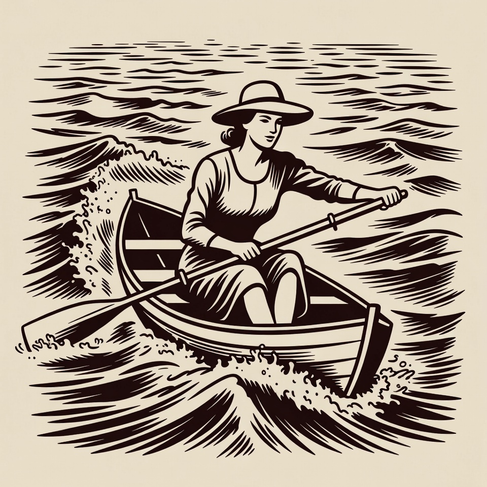 Woman rowing boat in waves Woman rowing boat in waves