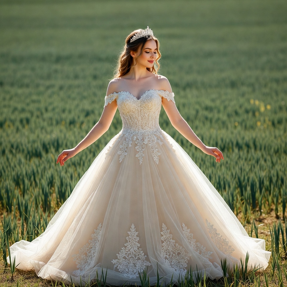 Woman in lace wedding gown in field Woman in lace wedding gown in field