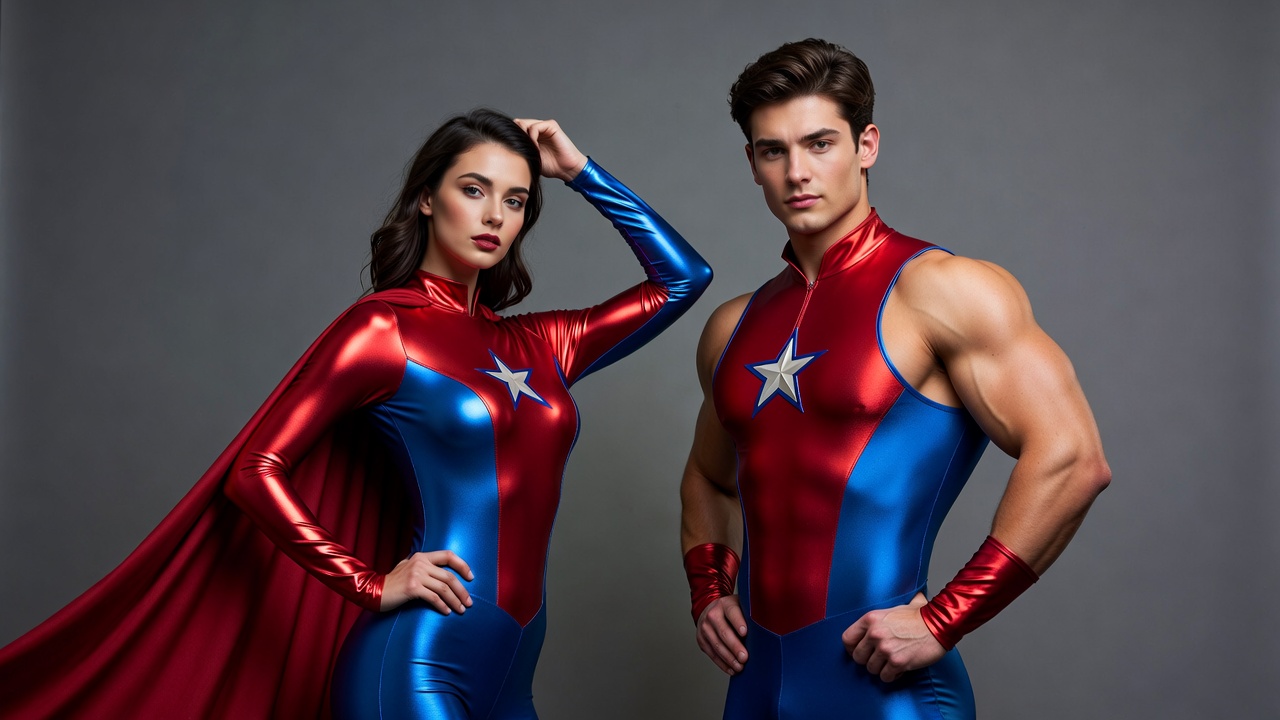 Superhero couple in red blue costumes Superhero couple in red blue costumes