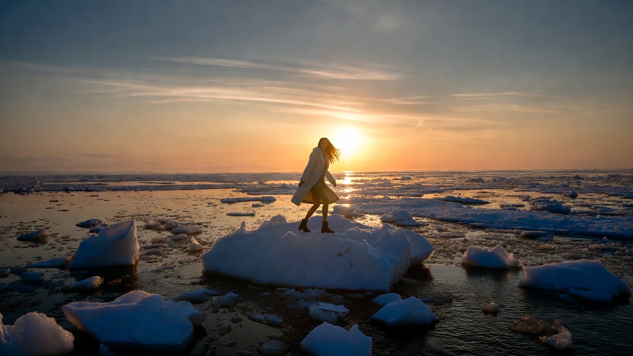 Woman standing on ice berg at sunset Woman standing on ice berg at sunset