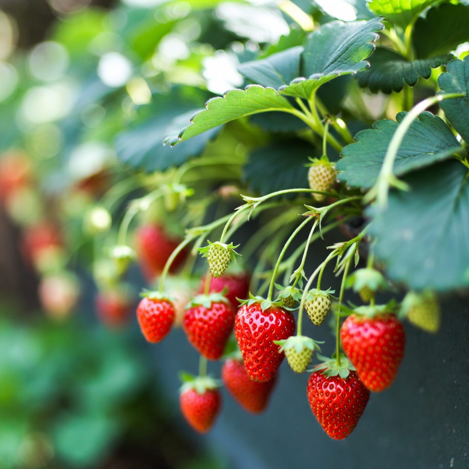 Ripe Strawberries on Green Plant Ripe Strawberries on Green Plant