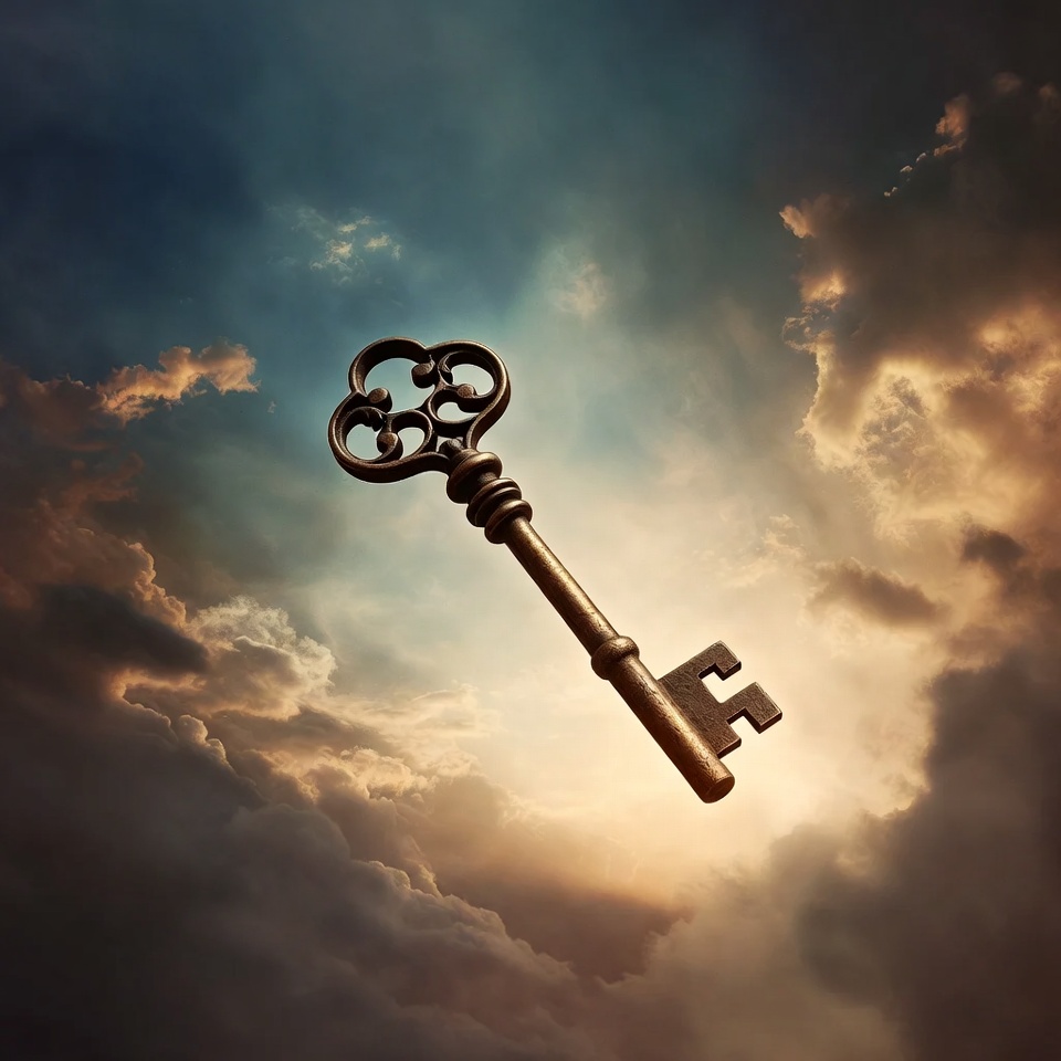 Vintage key floating in clouds Vintage key floating in clouds