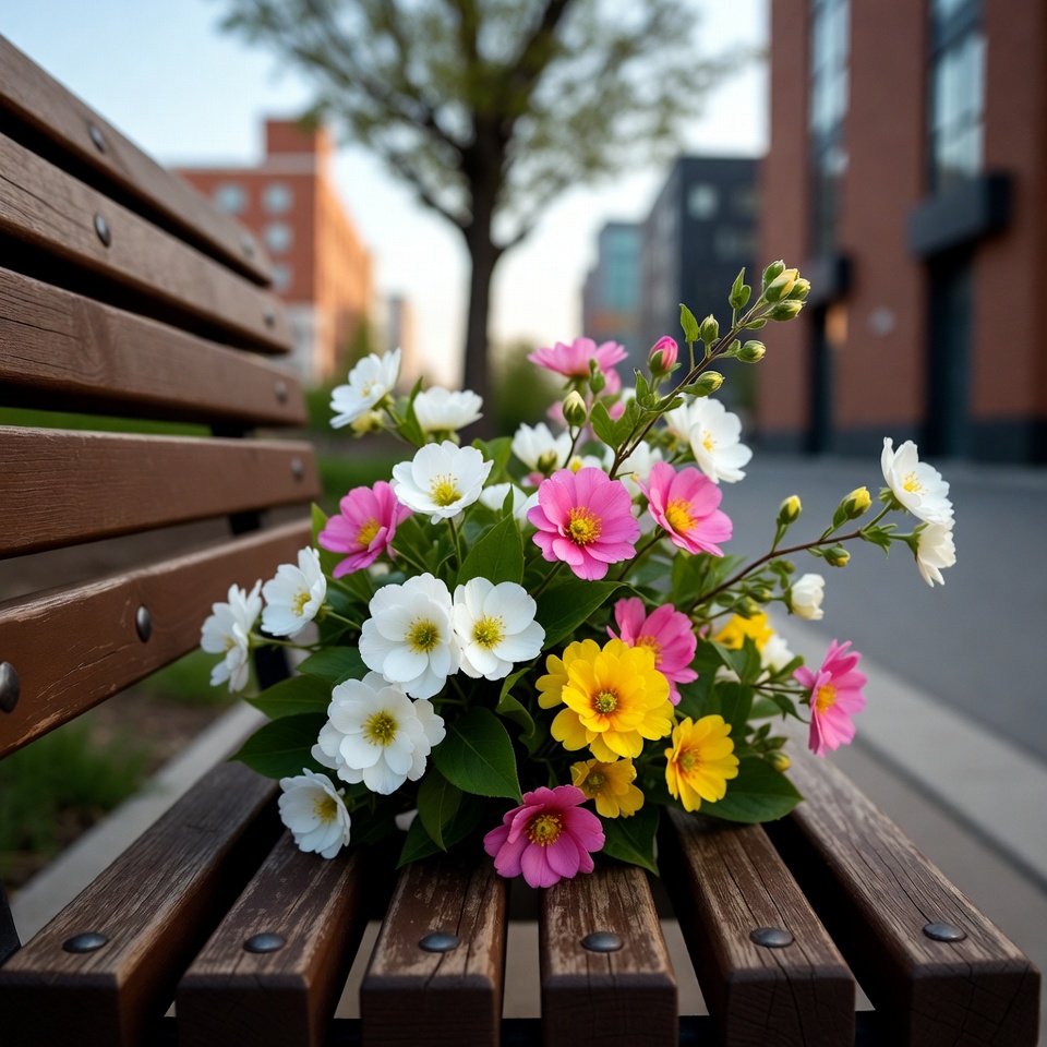 Colorful Flowers Bouquet on Park Bench Colorful Flowers Bouquet on Park Bench