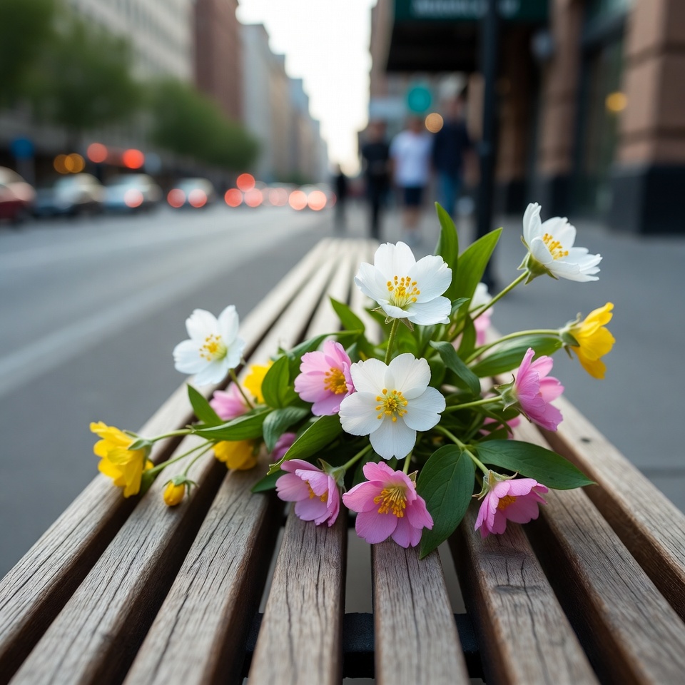 Flower Bouquet on Urban Street Bench Flower Bouquet on Urban Street Bench