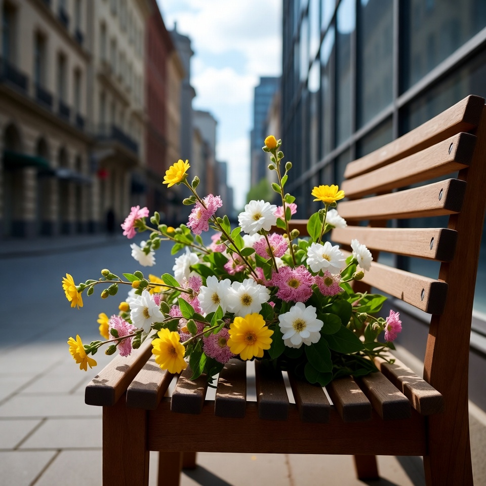 Colorful Flowers on Wooden Bench Colorful Flowers on Wooden Bench