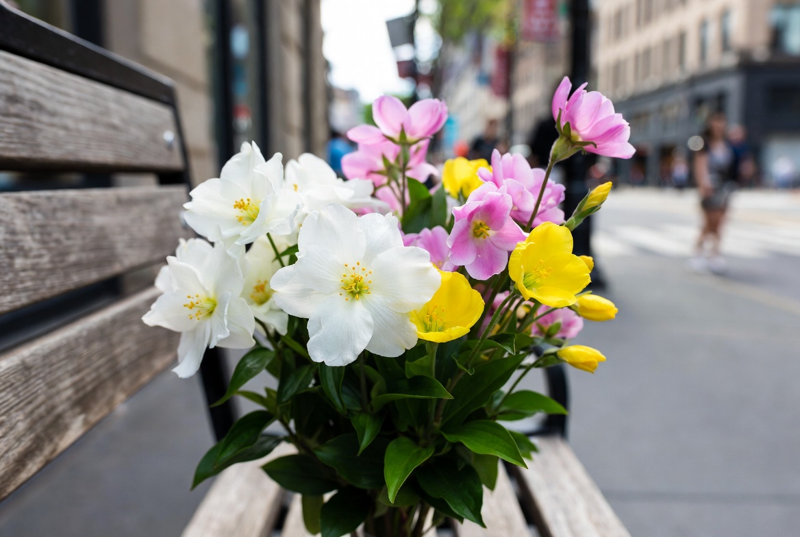 Colorful Flowers on Urban Bench Colorful Flowers on Urban Bench