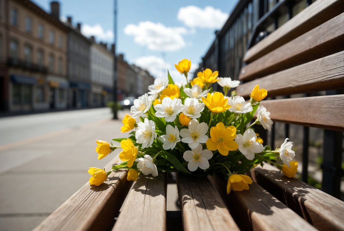 Yellow and White Daisies on Park Bench Yellow and White Daisies on Park Bench