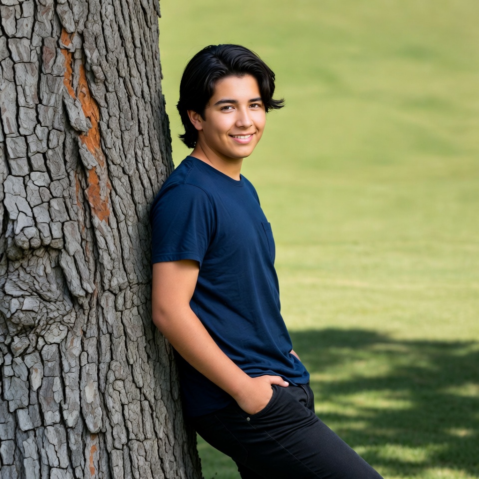 Young Latino man leaning against tree Young Latino man leaning against tree