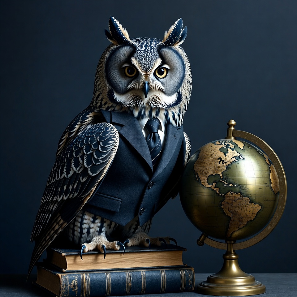 Owl in suit with globe and books Owl in suit with globe and books