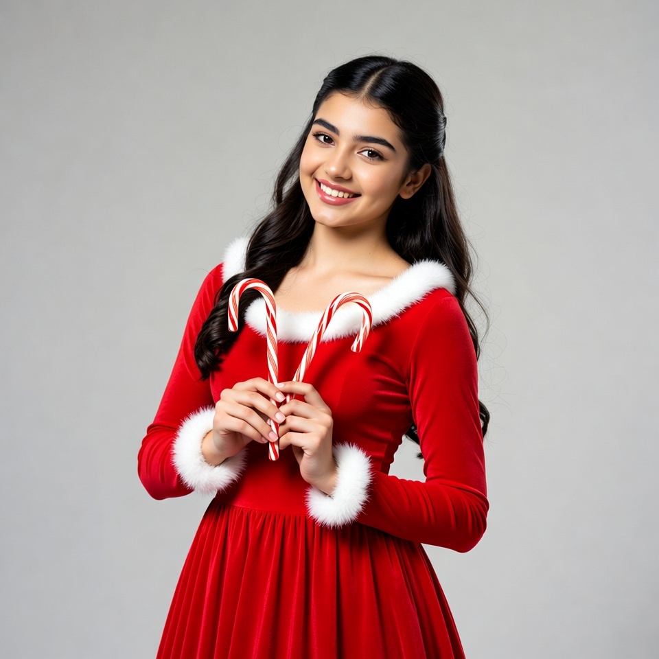 Girl holding candy canes in red Santa dress Girl holding candy canes in red Santa dress