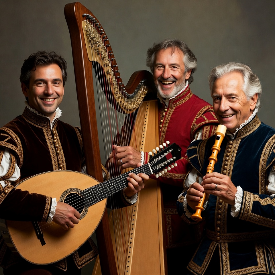Three men playing lute harp recorder Three men playing lute harp recorder