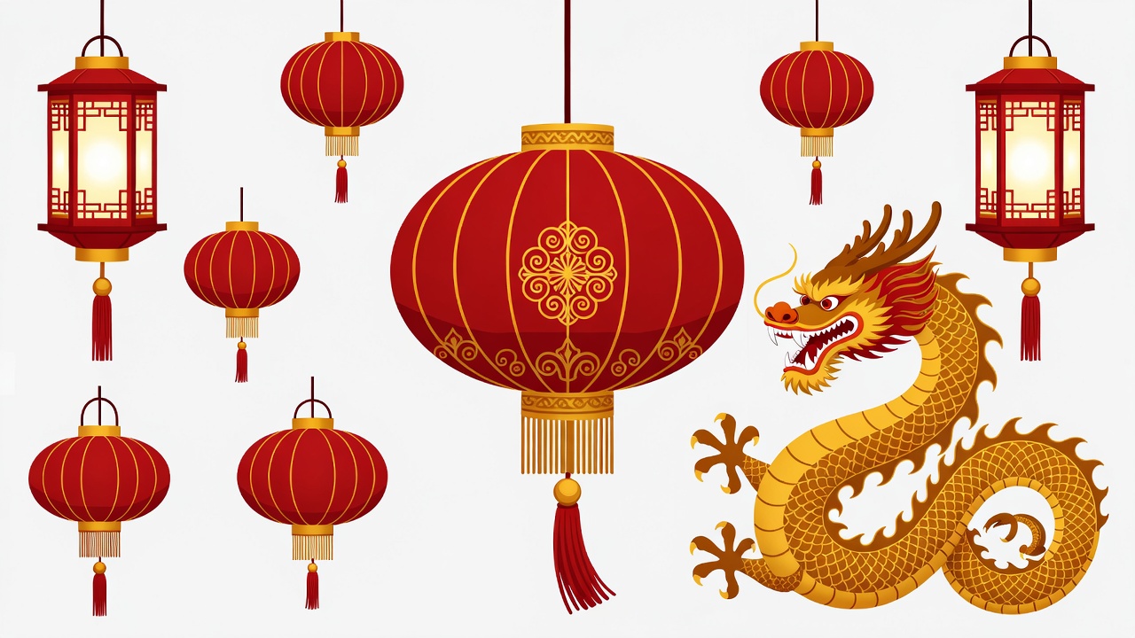 Red Chinese Lanterns and Dragon Illustration Red Chinese Lanterns and Dragon Illustration