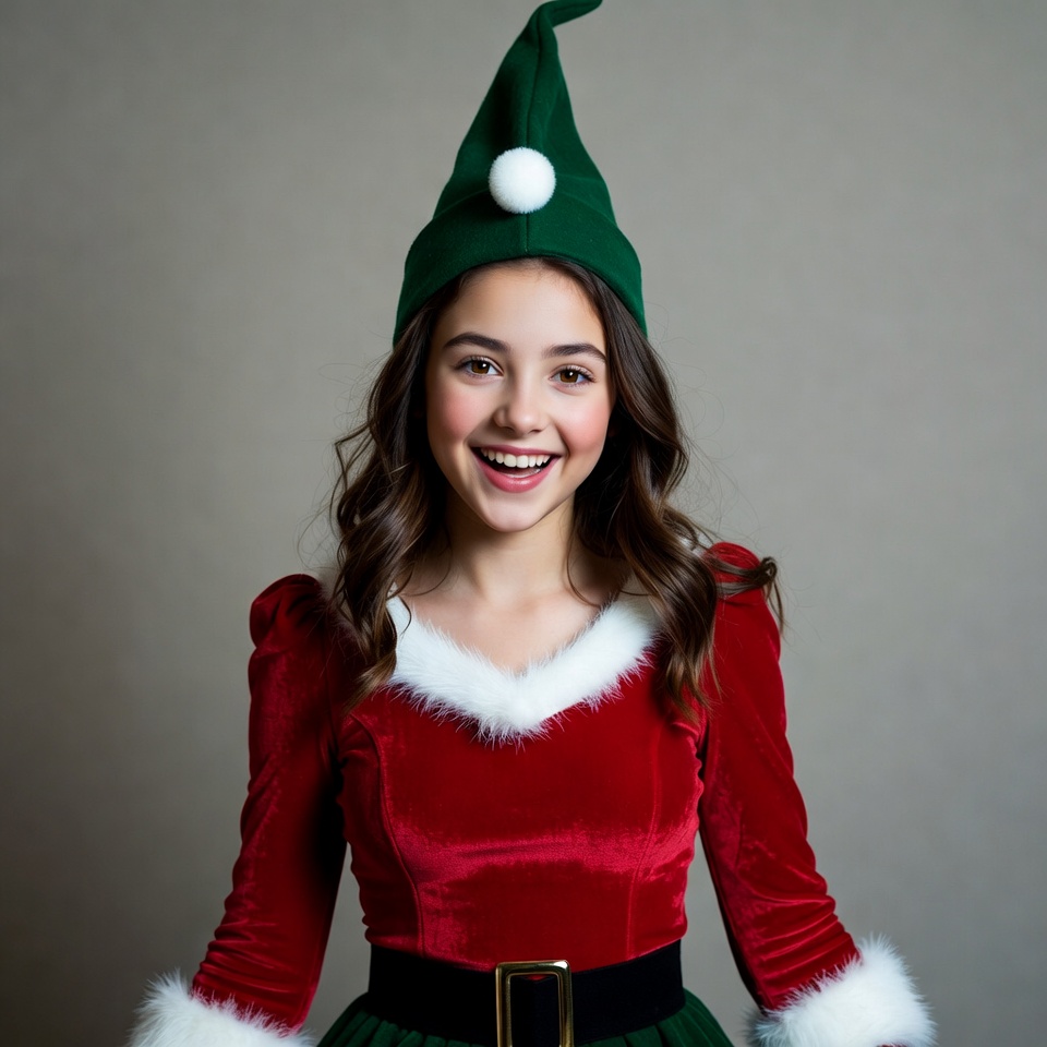 Girl in green elf costume smiling Girl in green elf costume smiling