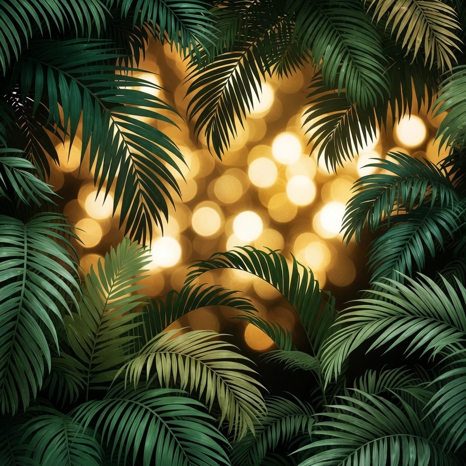 Palm Leaves with Golden Bokeh Lights Palm Leaves with Golden Bokeh Lights