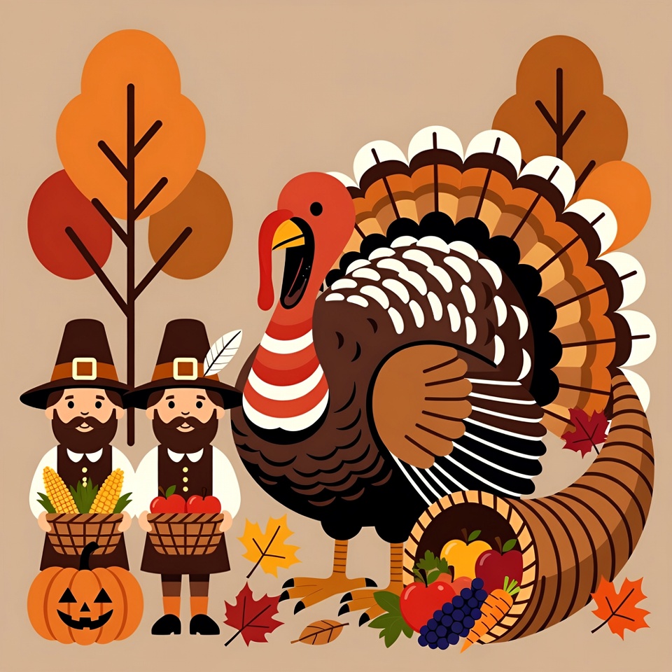 Pilgrims with Turkey Thanksgiving Illustration Pilgrims with Turkey Thanksgiving Illustration