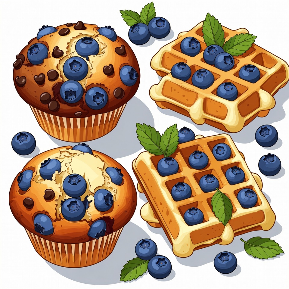Blueberry Muffins and Waffles Illustration Blueberry Muffins and Waffles Illustration