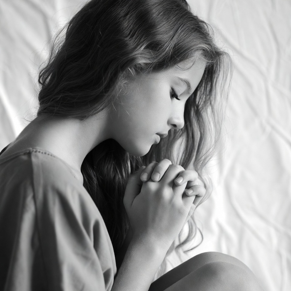 Girl praying with hands clasped Girl praying with hands clasped