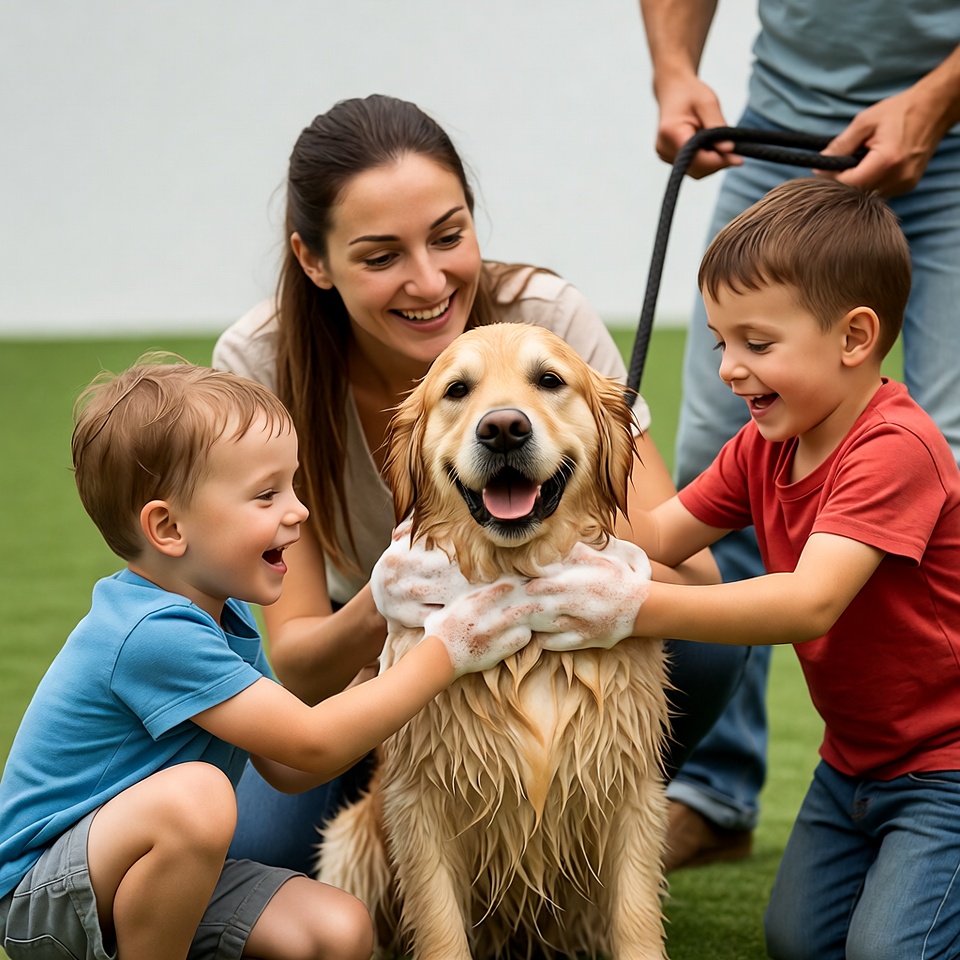Family washing golden retriever dog Family washing golden retriever dog