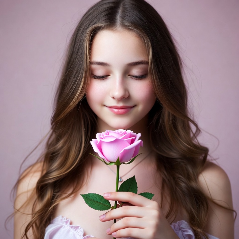 Girl holding pink rose Girl holding pink rose