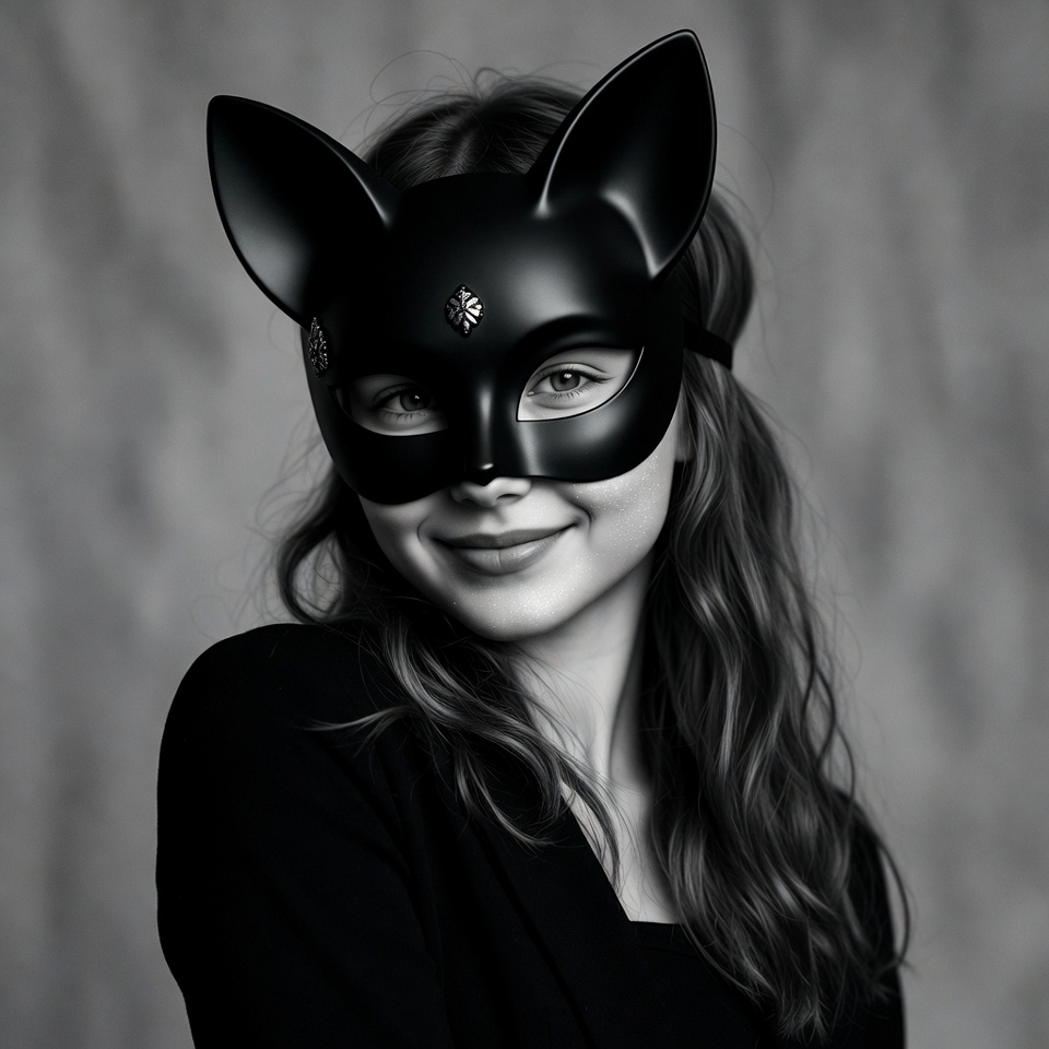 Woman wearing black cat mask Woman wearing black cat mask