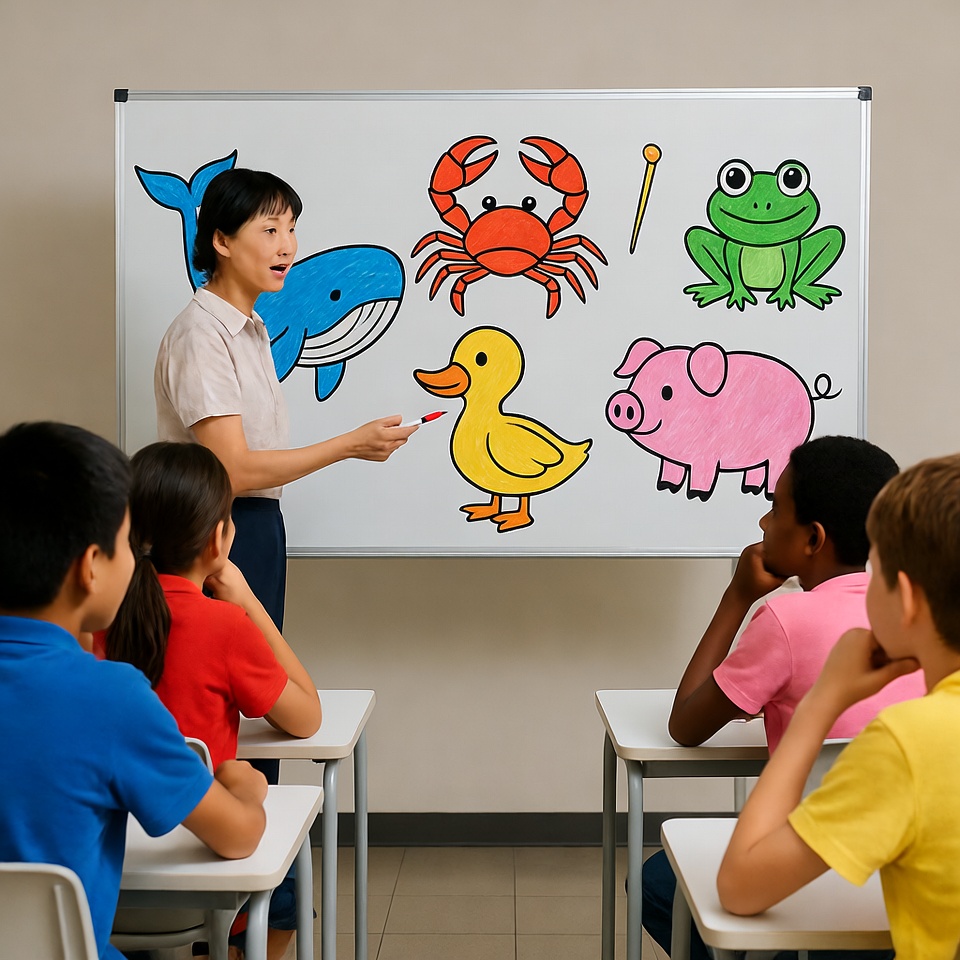 Asian teacher teaching animals to Asian kids Asian teacher teaching animals to Asian kids