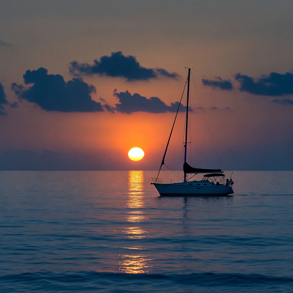 Sailboat on calm sea at sunset Sailboat on calm sea at sunset