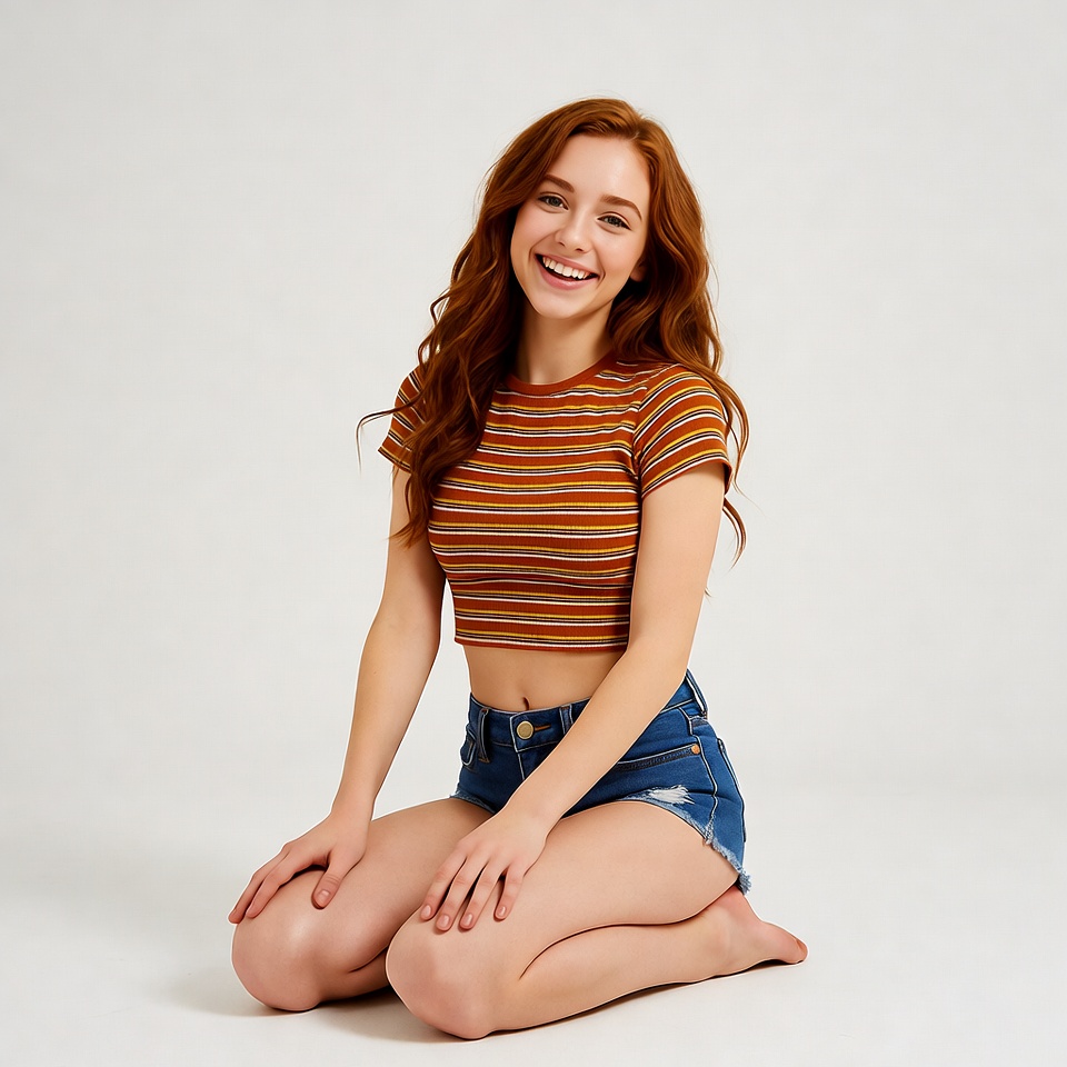 Redhead woman kneeling smiling Redhead woman kneeling smiling
