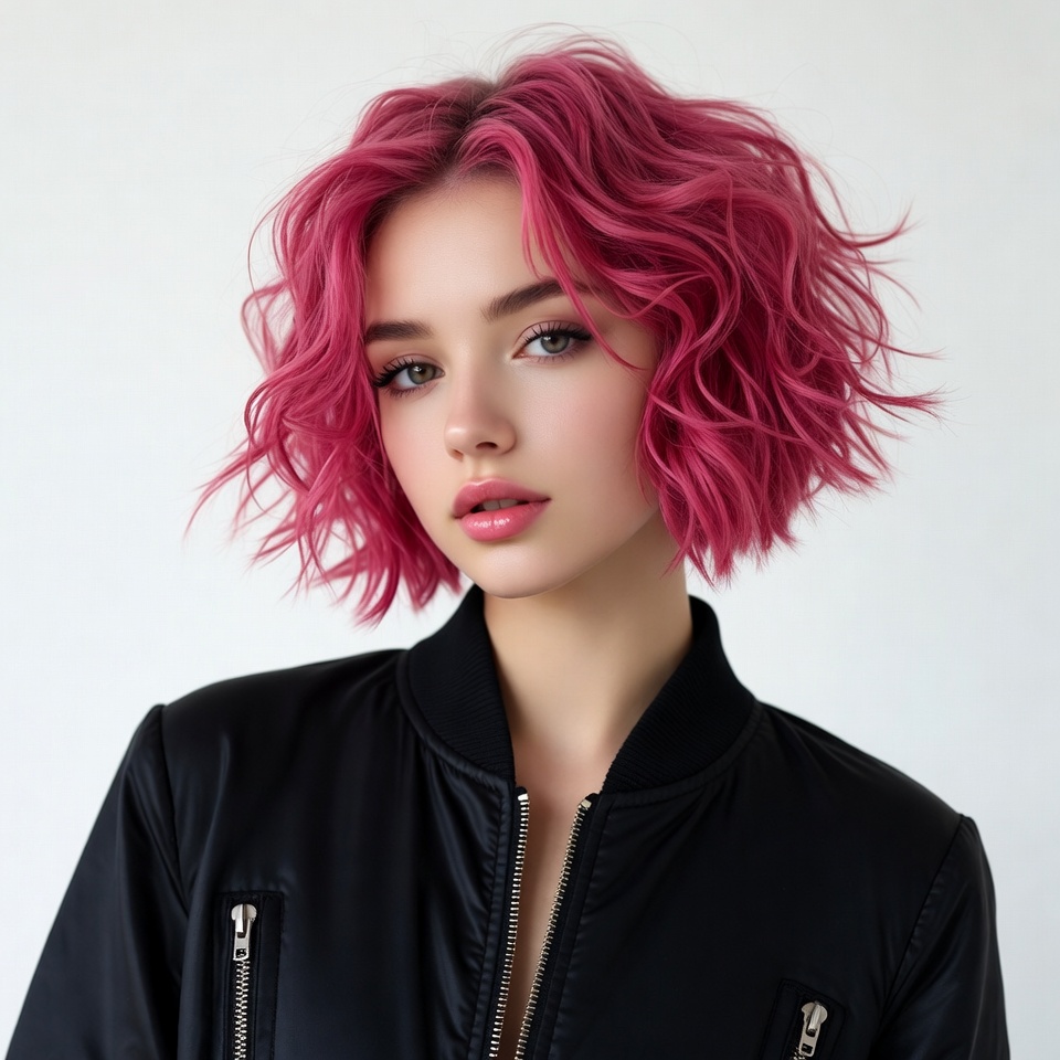 Woman with pink curly bob hairstyle Woman with pink curly bob hairstyle