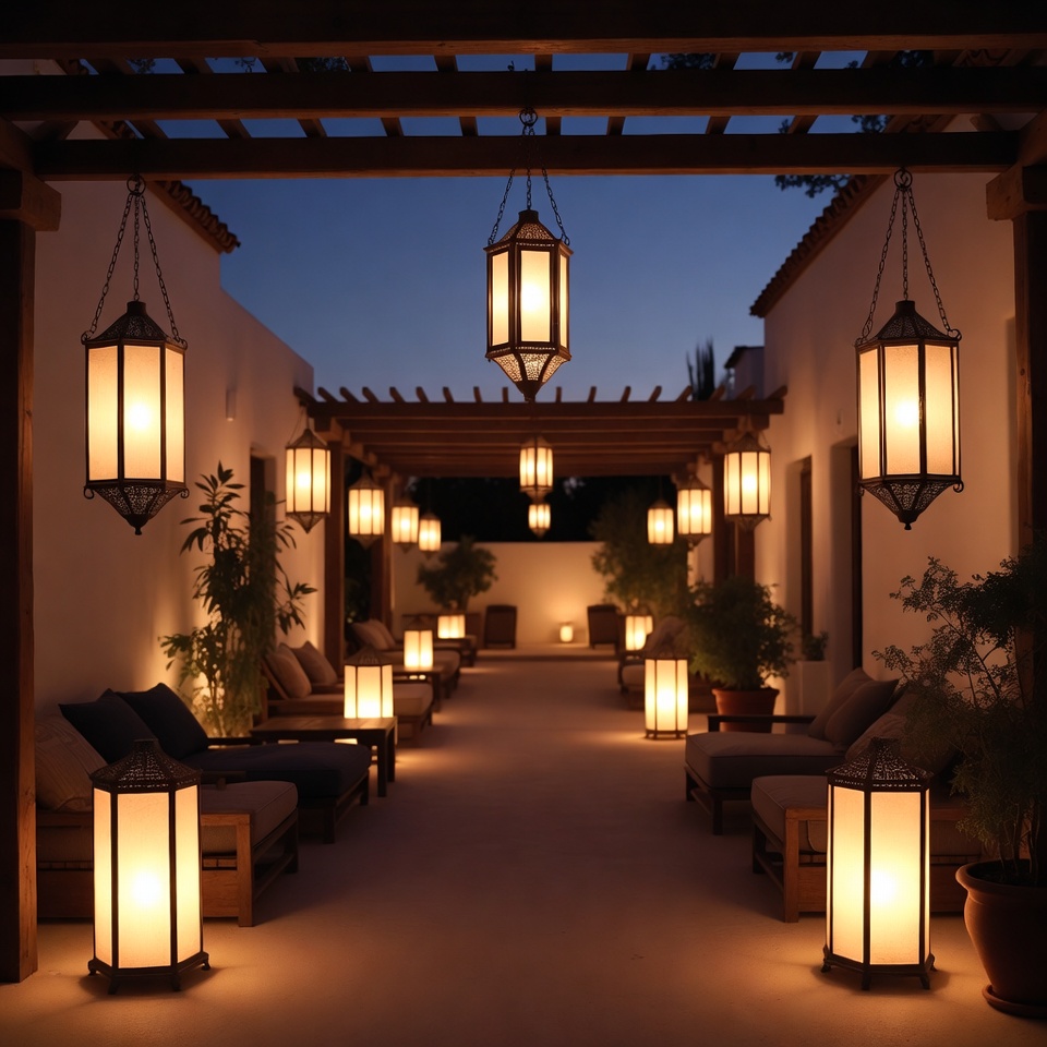 Lantern-lit Courtyard Pathway at Night Lantern-lit Courtyard Pathway at Night