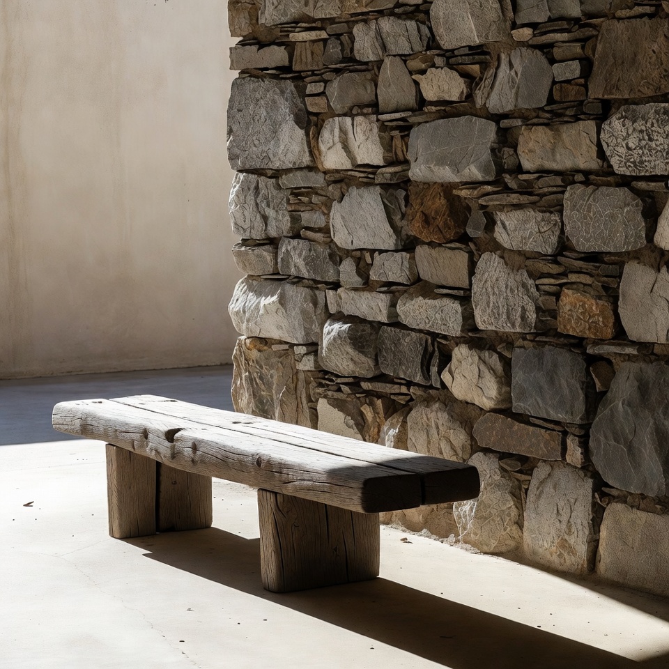 Wooden Bench Against Stone Wall Wooden Bench Against Stone Wall