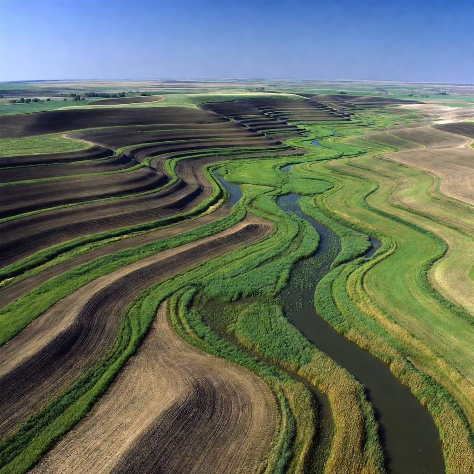 Aerial View Winding River Farmland Aerial View Winding River Farmland