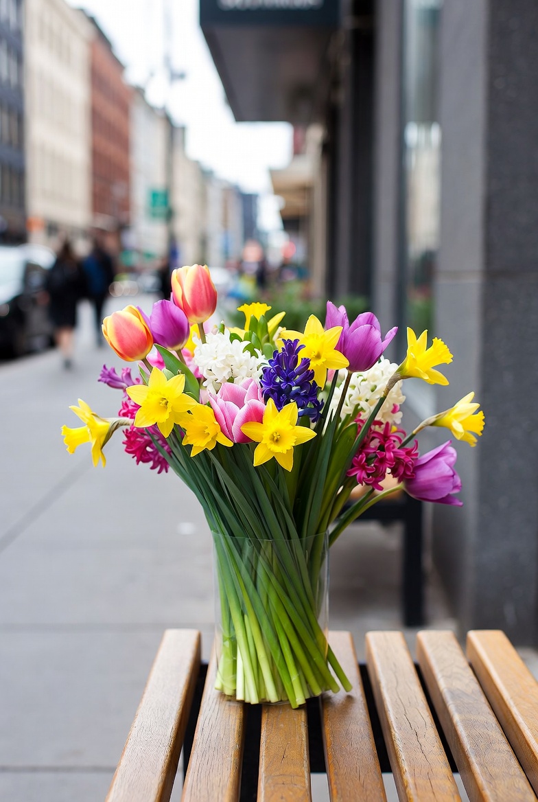 Colorful tulips bouquet on urban bench Colorful tulips bouquet on urban bench