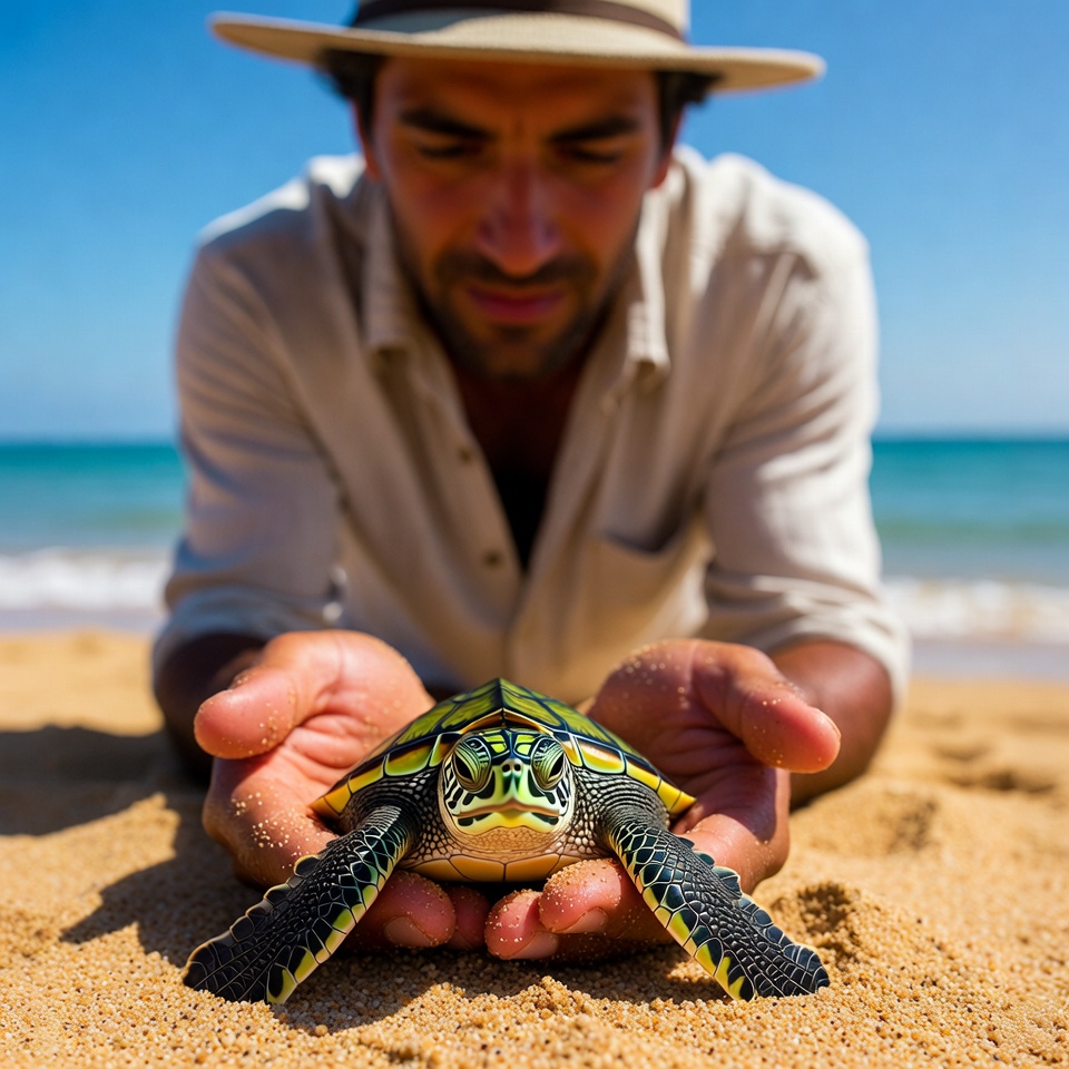 Man holding baby sea turtle on beach Man holding baby sea turtle on beach