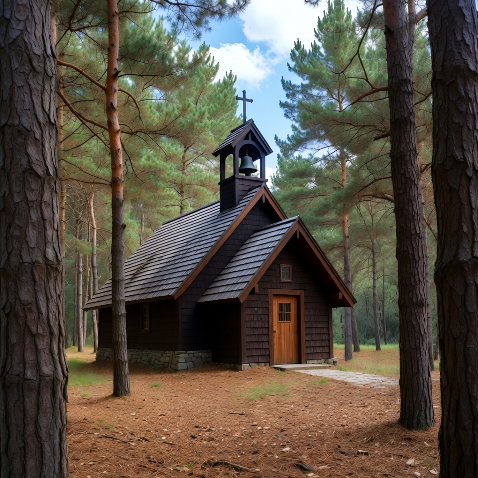 Wooden Chapel in Pine Forest Wooden Chapel in Pine Forest