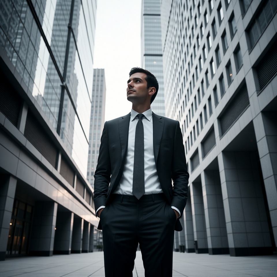 Man in suit looking up at skyscrapers Man in suit looking up at skyscrapers