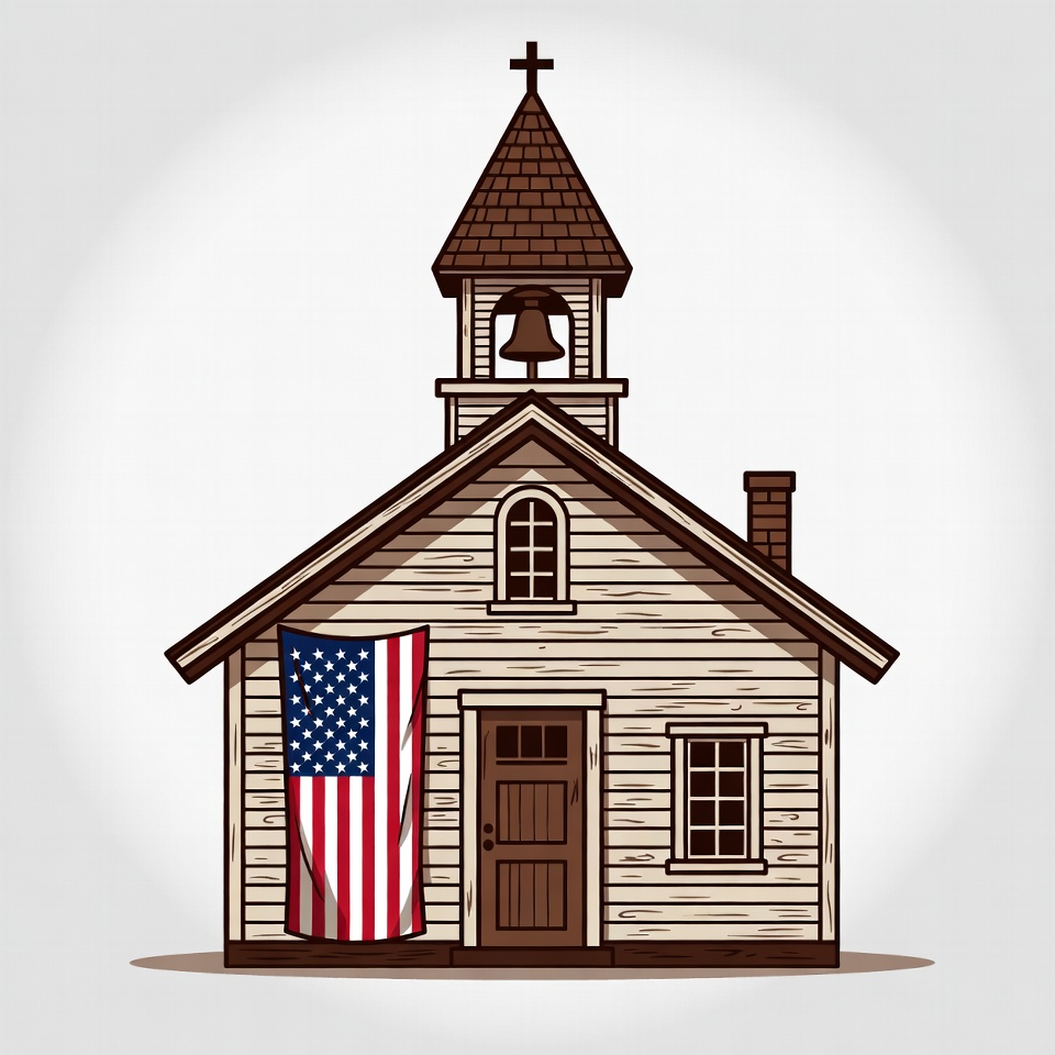Wooden Church with American Flag Wooden Church with American Flag