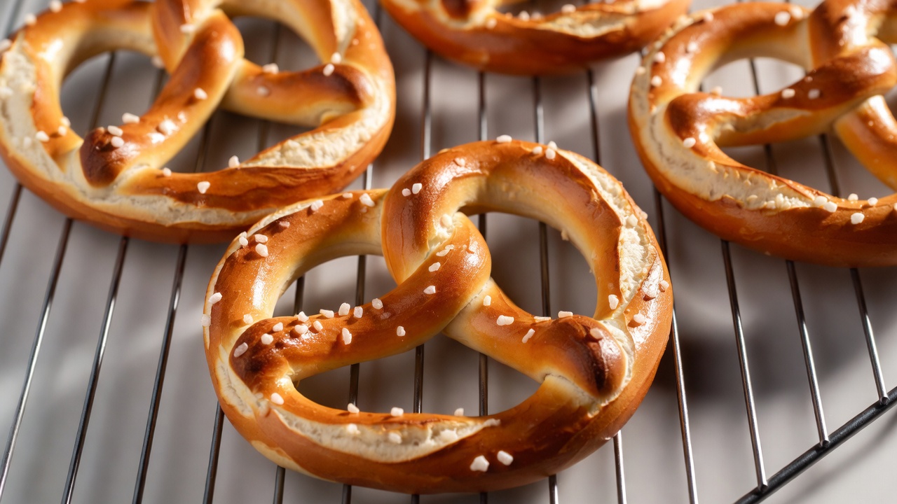 Fresh Salted Pretzels on Cooling Rack Fresh Salted Pretzels on Cooling Rack