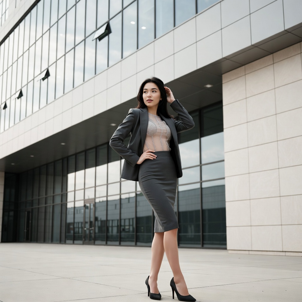 Asian woman in suit outside modern building Asian woman in suit outside modern building