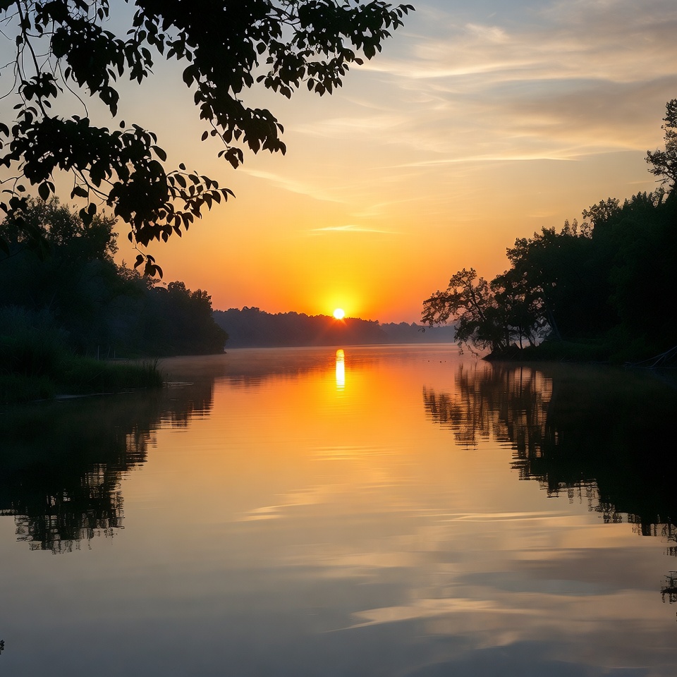 Sunrise over calm lake with trees Sunrise over calm lake with trees