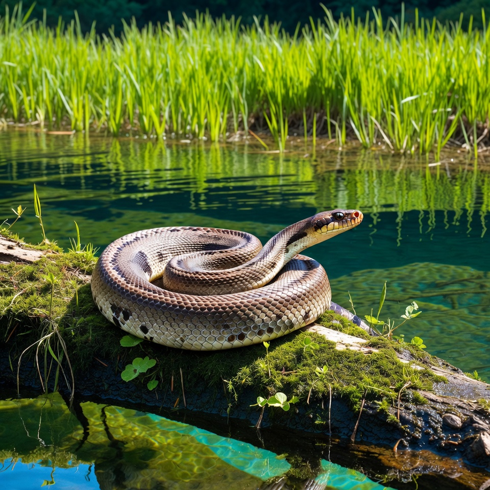 Banded Water Snake on Mossy Log Banded Water Snake on Mossy Log