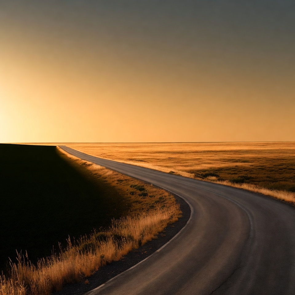 Curving road through golden sunset fields Curving road through golden sunset fields
