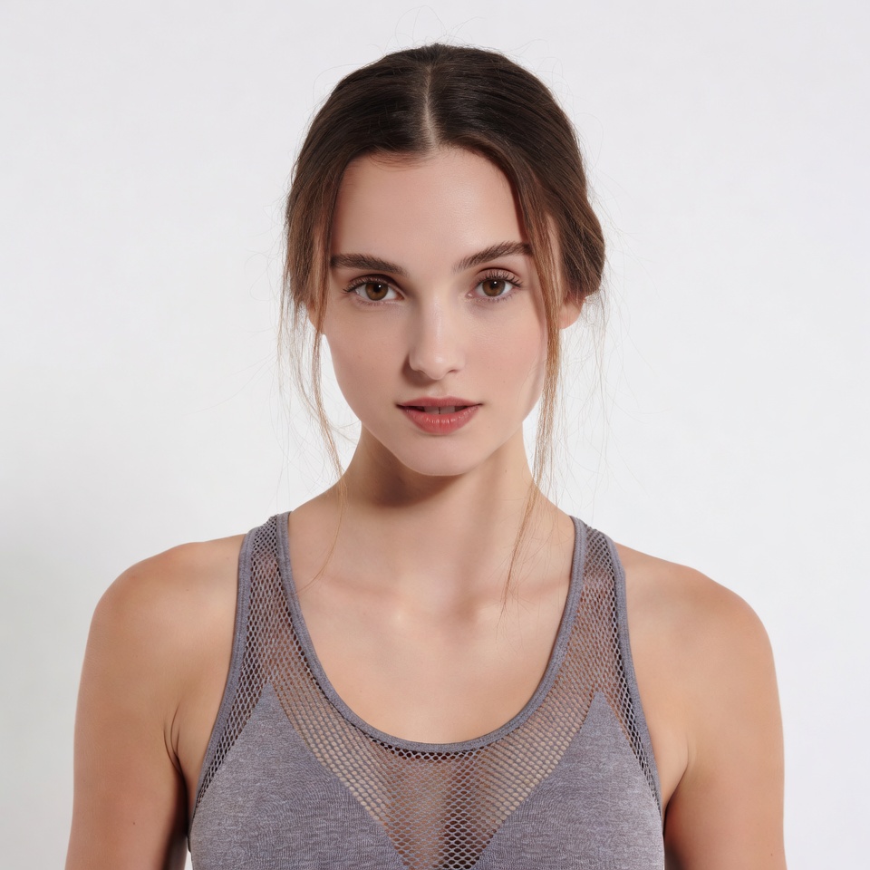 Woman in gray mesh tank top Woman in gray mesh tank top