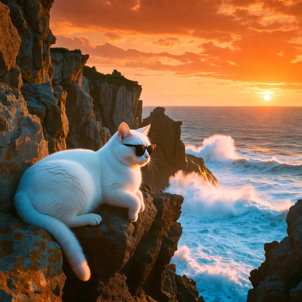 White cat with sunglasses on cliff White cat with sunglasses on cliff