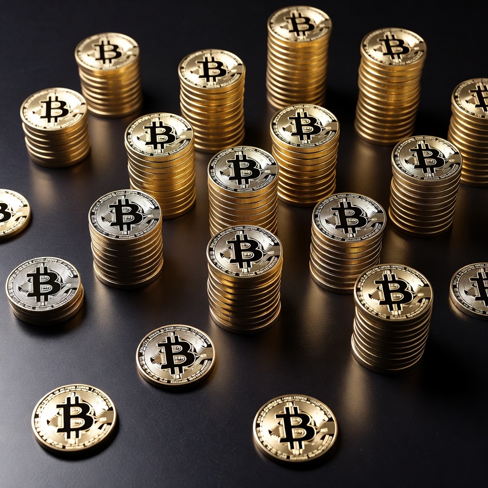 Stacks of golden Bitcoin coins Stacks of golden Bitcoin coins