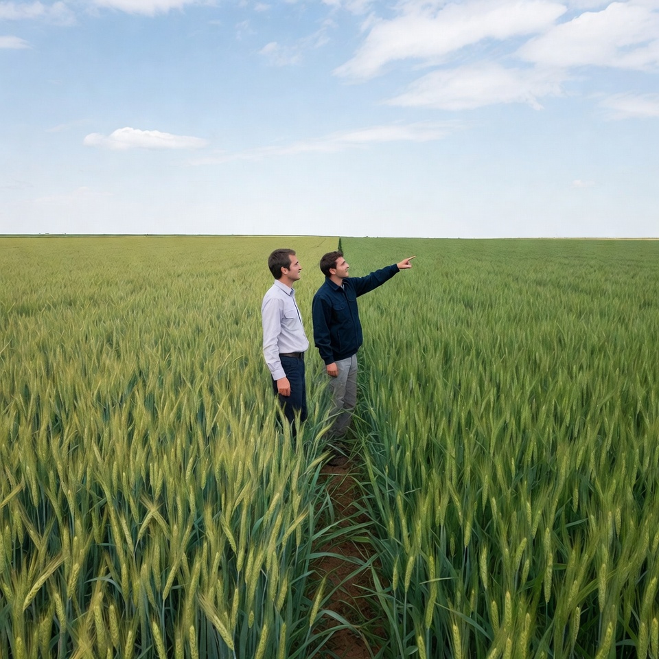 Two men pointing in wheat field Two men pointing in wheat field