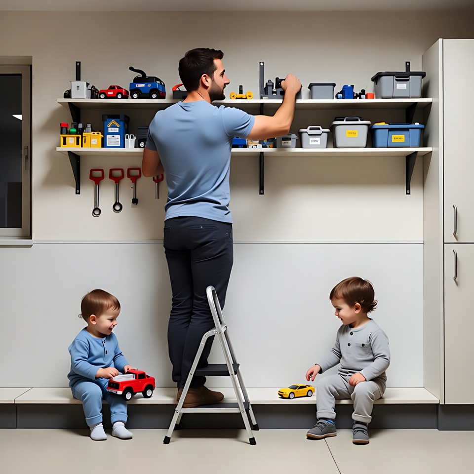 Father organizing toys with toddlers Father organizing toys with toddlers