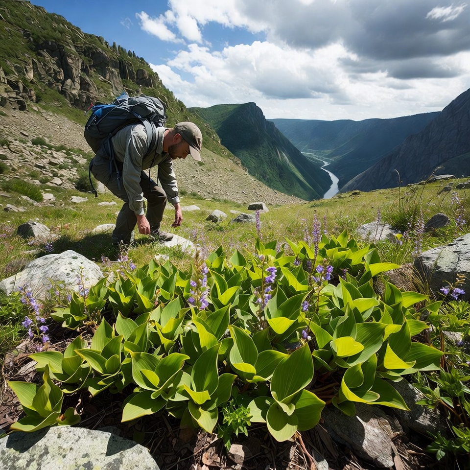 Man examining purple flowers in mountains Man examining purple flowers in mountains