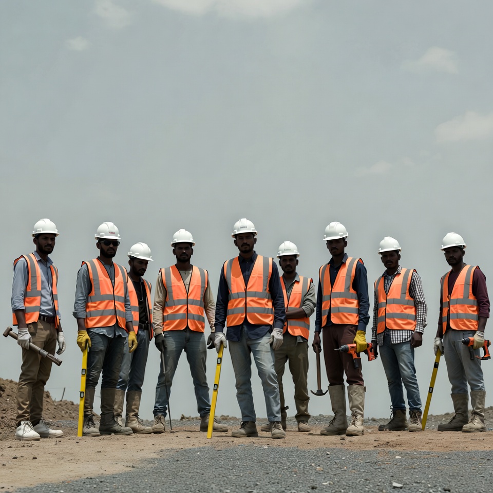 Group of construction workers in safety gear Group of construction workers in safety gear